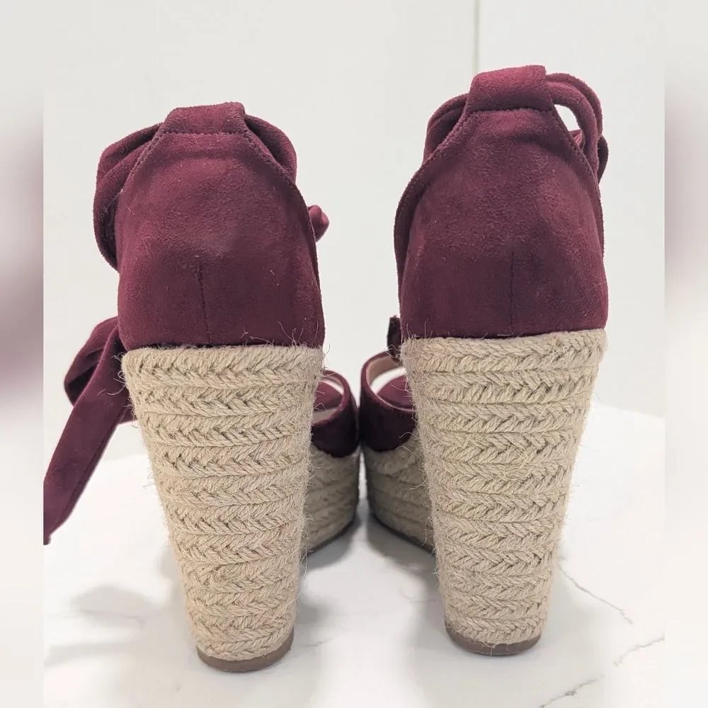 Alegra K High Heel Espadrilles Platform Strapy Tie Burgundy Suede Shoe Wedge 8.5